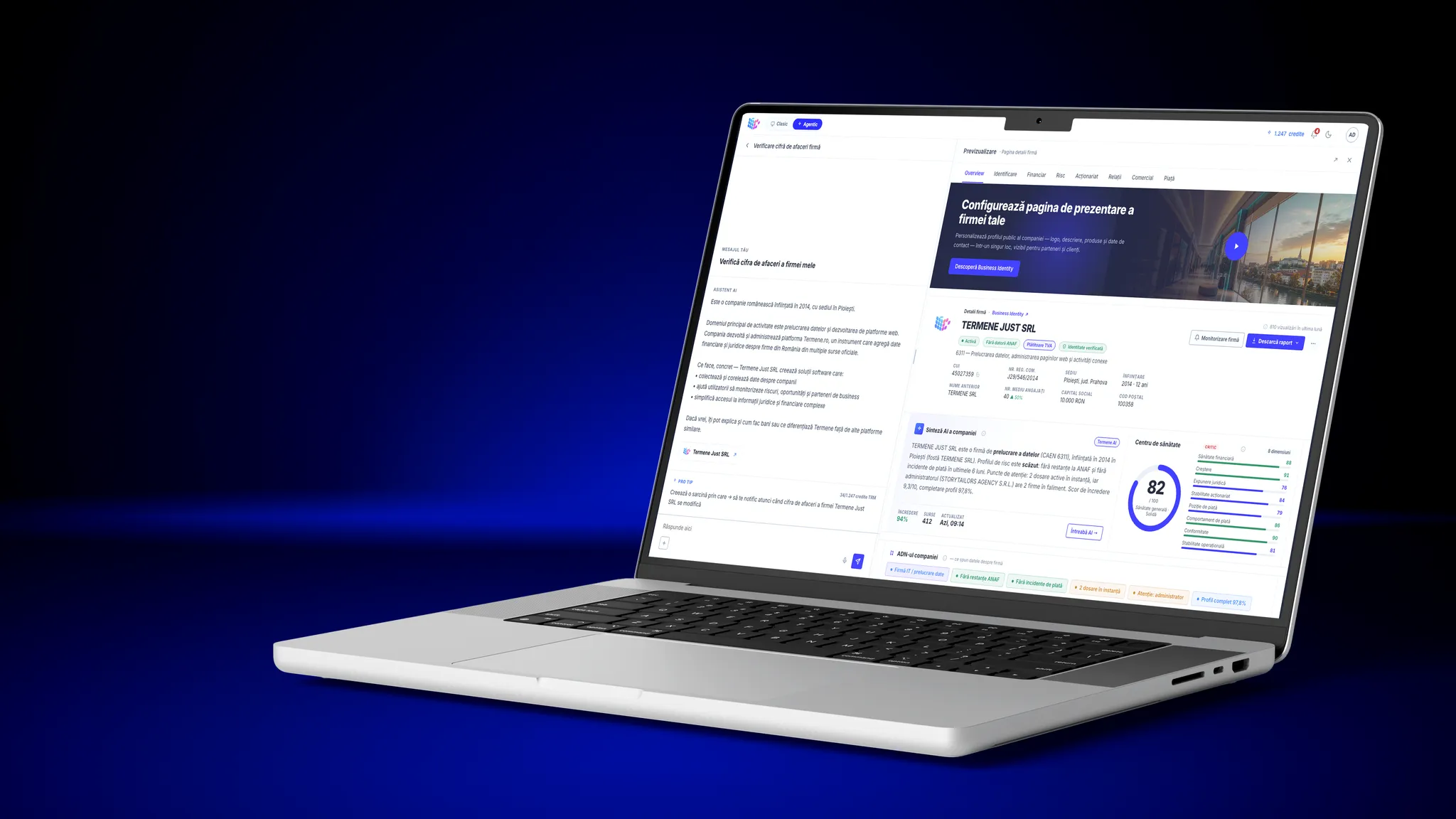 Aplicația Termene: agentul AI verifică o firmă și afișează profilul complet, cu scor de sănătate